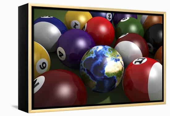 Pool Table with Balls and One of Them as Planet Earth-null-Framed Stretched Canvas
