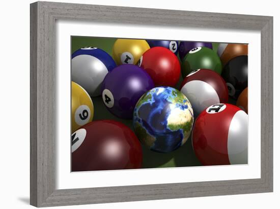 Pool Table with Balls and One of Them as Planet Earth-null-Framed Premium Giclee Print