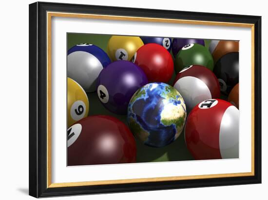 Pool Table with Balls and One of Them as Planet Earth-null-Framed Premium Giclee Print