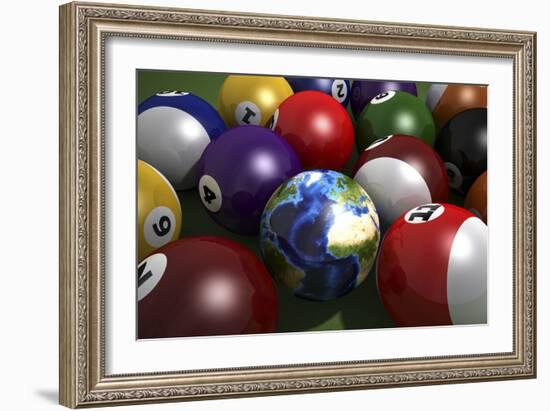 Pool Table with Balls and One of Them as Planet Earth-null-Framed Art Print