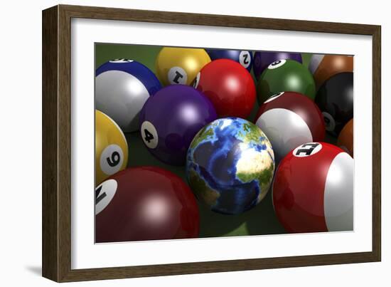 Pool Table with Balls and One of Them as Planet Earth-null-Framed Art Print