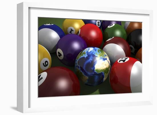 Pool Table with Balls and One of Them as Planet Earth-null-Framed Art Print