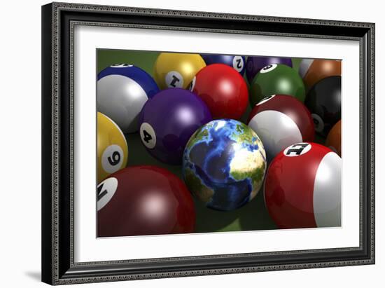 Pool Table with Balls and One of Them as Planet Earth-null-Framed Art Print