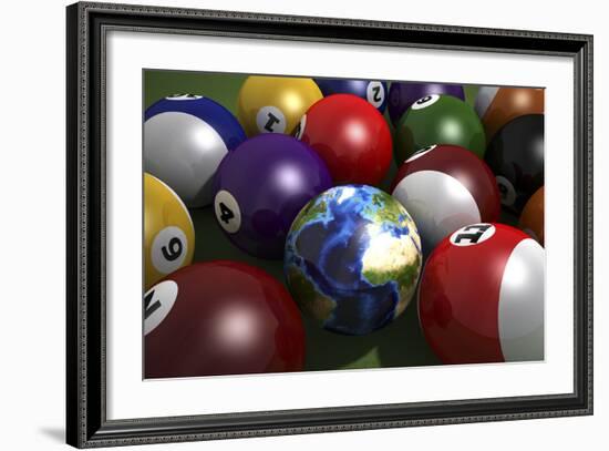 Pool Table with Balls and One of Them as Planet Earth-null-Framed Art Print