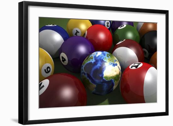 Pool Table with Balls and One of Them as Planet Earth-null-Framed Art Print