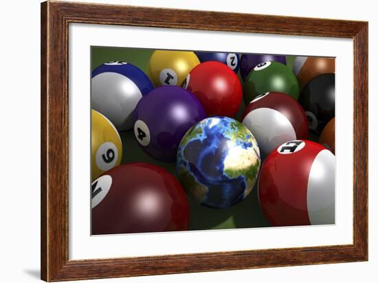 Pool Table with Balls and One of Them as Planet Earth-null-Framed Art Print