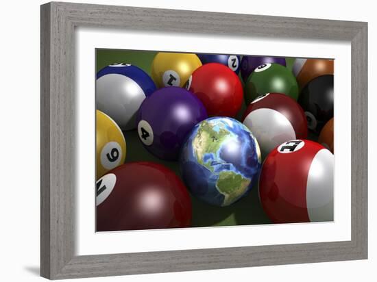 Pool Table with Balls and One of Them as Planet Earth-null-Framed Premium Giclee Print