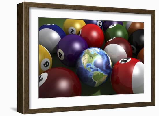 Pool Table with Balls and One of Them as Planet Earth-null-Framed Premium Giclee Print