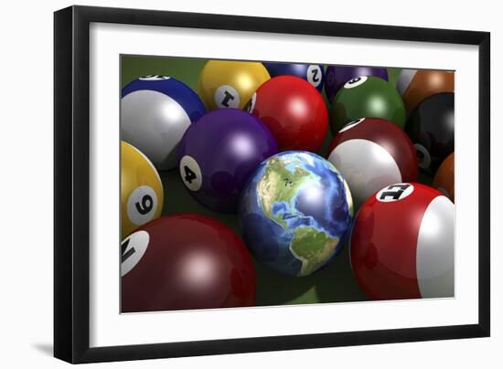 Pool Table with Balls and One of Them as Planet Earth-null-Framed Premium Giclee Print