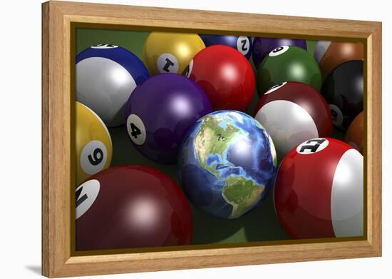 Pool Table with Balls and One of Them as Planet Earth-null-Framed Stretched Canvas