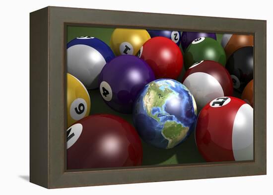 Pool Table with Balls and One of Them as Planet Earth-null-Framed Stretched Canvas