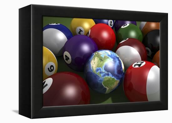 Pool Table with Balls and One of Them as Planet Earth-null-Framed Stretched Canvas