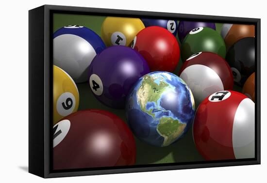 Pool Table with Balls and One of Them as Planet Earth-null-Framed Stretched Canvas