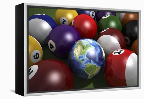 Pool Table with Balls and One of Them as Planet Earth-null-Framed Stretched Canvas