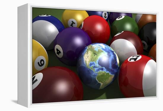 Pool Table with Balls and One of Them as Planet Earth-null-Framed Stretched Canvas