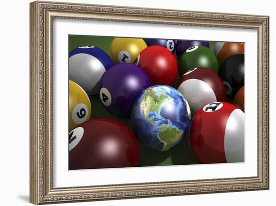 Pool Table with Balls and One of Them as Planet Earth-null-Framed Art Print