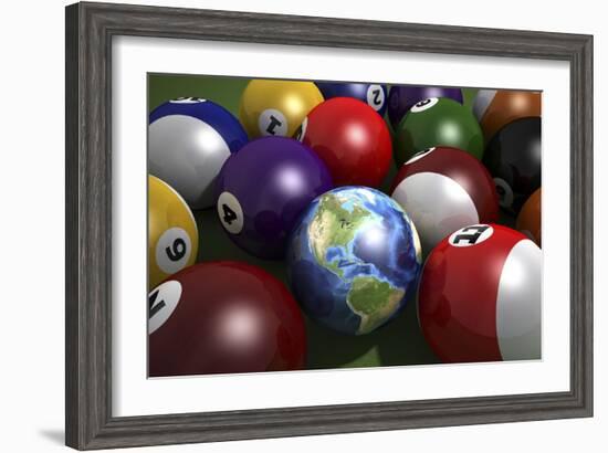 Pool Table with Balls and One of Them as Planet Earth-null-Framed Art Print