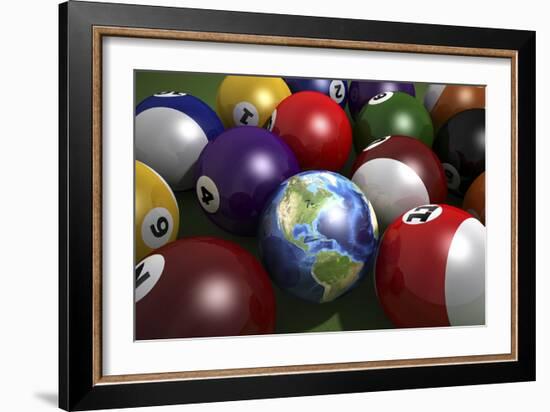 Pool Table with Balls and One of Them as Planet Earth-null-Framed Art Print