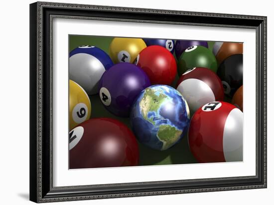 Pool Table with Balls and One of Them as Planet Earth-null-Framed Art Print