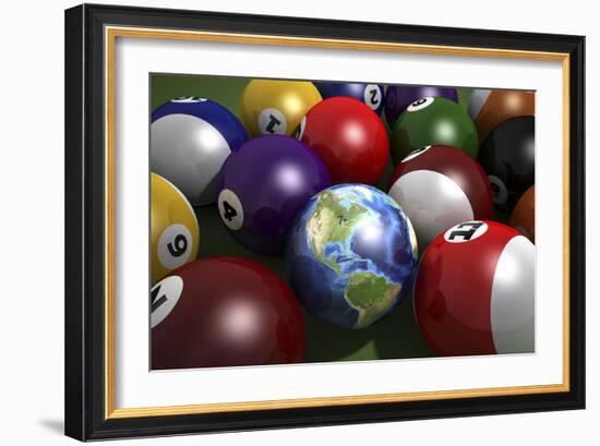 Pool Table with Balls and One of Them as Planet Earth-null-Framed Art Print