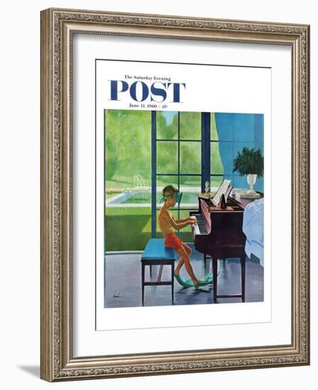 "Poolside Piano Practice," Saturday Evening Post Cover, June 11, 1960-George Hughes-Framed Premium Giclee Print