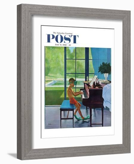 "Poolside Piano Practice," Saturday Evening Post Cover, June 11, 1960-George Hughes-Framed Premium Giclee Print