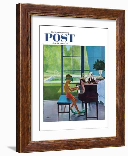 "Poolside Piano Practice," Saturday Evening Post Cover, June 11, 1960-George Hughes-Framed Premium Giclee Print