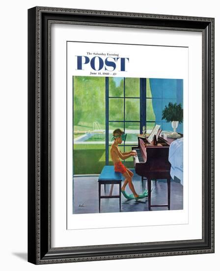 "Poolside Piano Practice," Saturday Evening Post Cover, June 11, 1960-George Hughes-Framed Premium Giclee Print