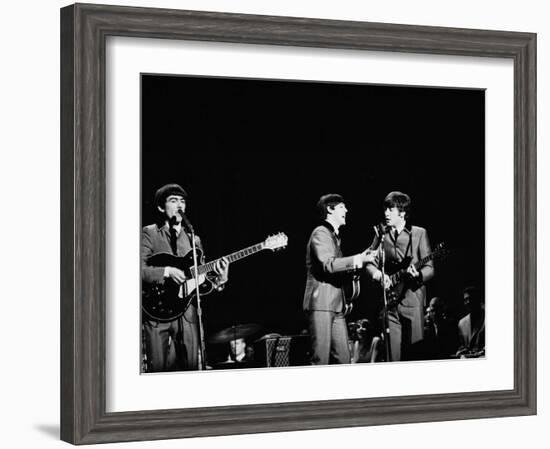 Pop Music Group the Beatles in Concert George Harrison, Paul McCartney, John Lennon-Ralph Morse-Framed Premium Photographic Print