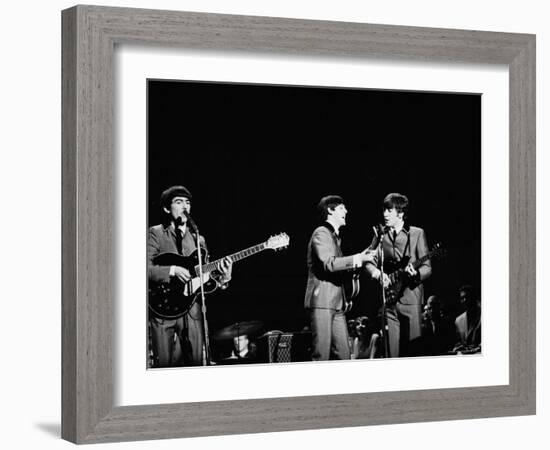 Pop Music Group the Beatles in Concert George Harrison, Paul McCartney, John Lennon-Ralph Morse-Framed Premium Photographic Print