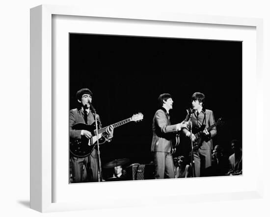 Pop Music Group the Beatles in Concert George Harrison, Paul McCartney, John Lennon-Ralph Morse-Framed Premium Photographic Print