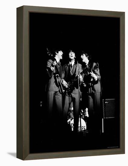 Pop Music Group the Beatles in Concert Paul McCartney, John Lennon, George Harrison-Ralph Morse-Framed Premier Image Canvas