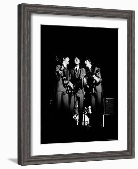 Pop Music Group the Beatles in Concert Paul McCartney, John Lennon, George Harrison-Ralph Morse-Framed Premium Photographic Print