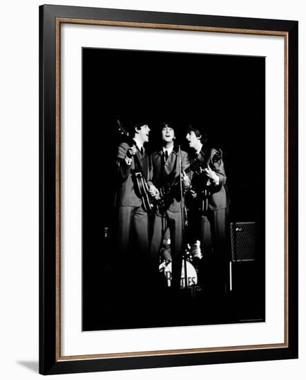 Pop Music Group the Beatles in Concert Paul McCartney, John Lennon, George Harrison-Ralph Morse-Framed Premium Photographic Print