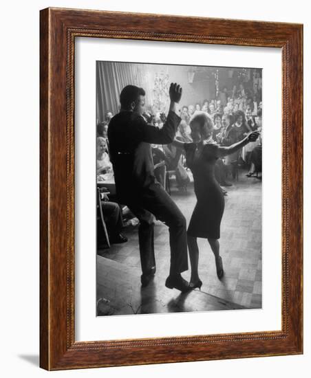 Pop Singer Chubby Checker Singing His Hit Song "The Twist" on Dance Floor at Crescendo Nightclub-Ralph Crane-Framed Premium Photographic Print