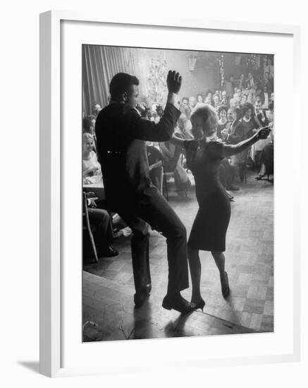Pop Singer Chubby Checker Singing His Hit Song "The Twist" on Dance Floor at Crescendo Nightclub-Ralph Crane-Framed Premium Photographic Print