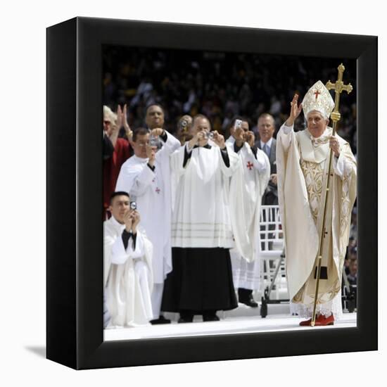 Pope Benedict XVI Acknowledges the Crowd as He Arrives for a Mass-null-Framed Premier Image Canvas