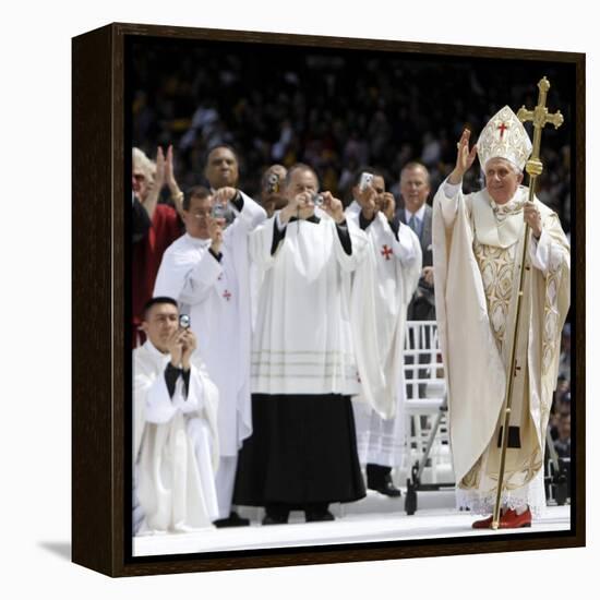 Pope Benedict XVI Acknowledges the Crowd as He Arrives for a Mass-null-Framed Premier Image Canvas