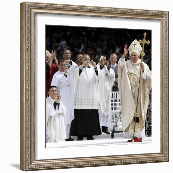 Pope Benedict XVI Acknowledges the Crowd as He Arrives for a Mass-null-Framed Photographic Print