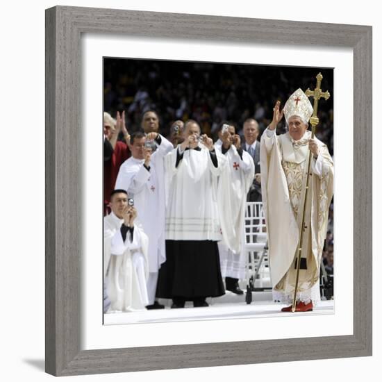 Pope Benedict XVI Acknowledges the Crowd as He Arrives for a Mass-null-Framed Photographic Print