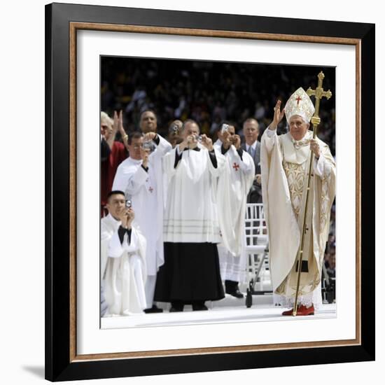 Pope Benedict XVI Acknowledges the Crowd as He Arrives for a Mass-null-Framed Photographic Print