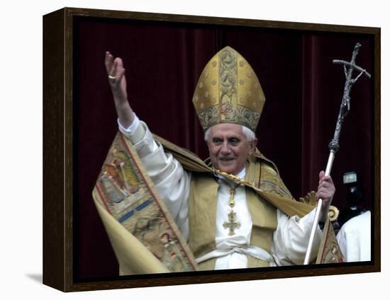 Pope Benedict XVI Waves to Pilgrims and Faithful fromSt. Peter's Basilica at the Vatican-null-Framed Premier Image Canvas