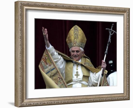 Pope Benedict XVI Waves to Pilgrims and Faithful fromSt. Peter's Basilica at the Vatican-null-Framed Photographic Print