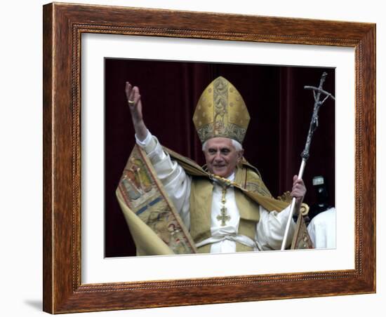 Pope Benedict XVI Waves to Pilgrims and Faithful fromSt. Peter's Basilica at the Vatican-null-Framed Photographic Print