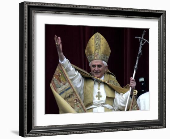 Pope Benedict XVI Waves to Pilgrims and Faithful fromSt. Peter's Basilica at the Vatican-null-Framed Photographic Print