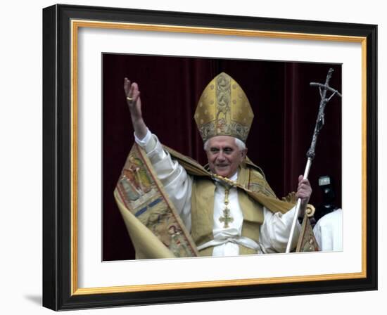 Pope Benedict XVI Waves to Pilgrims and Faithful fromSt. Peter's Basilica at the Vatican-null-Framed Photographic Print