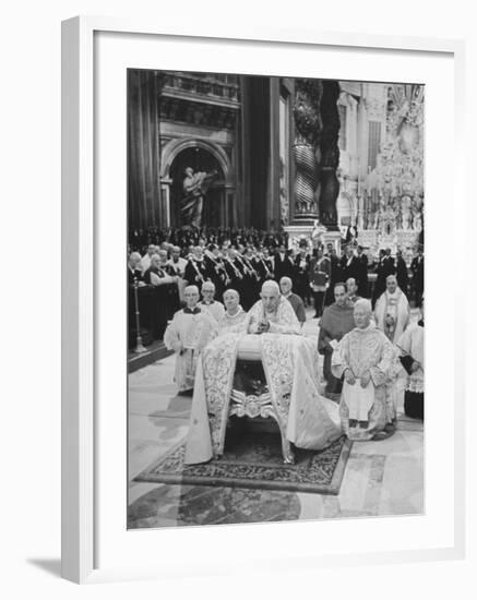 Pope John XXIII, with Bishops Kneeling in Prayer, St. Peter's Basilica, Opening of Vatican II-Hank Walker-Framed Premium Photographic Print