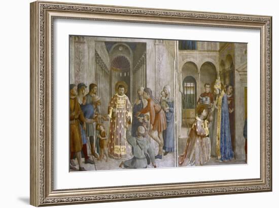 Pope Sixtus II Gives Church Treasure to St Laurence, Mid 15th Century-Fra Angelico-Framed Giclee Print