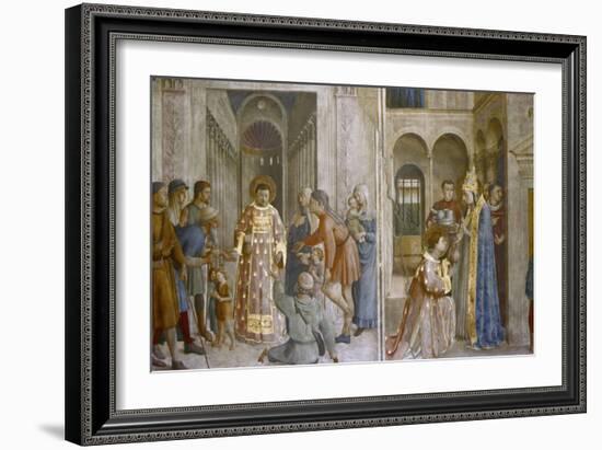 Pope Sixtus II Gives Church Treasure to St Laurence, Mid 15th Century-Fra Angelico-Framed Giclee Print