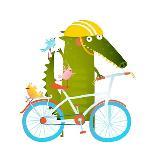 Cartoon Green Funny Crocodile in Helmet with Bicycle and Birds Friends. Funny Crocodile with Bicycl-Popmarleo-Art Print
